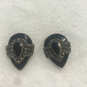 Sterling silver, onyx, Marcasite clip on earrings